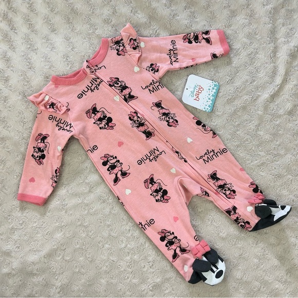 Disney Baby Minnie Mouse Footed Sleeper Okie Dokie Red White Romper XO Print - Picture 3 of 6